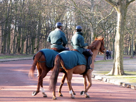 Gardes &agrave; cheval dans une all&eacute;e de parc parisien.