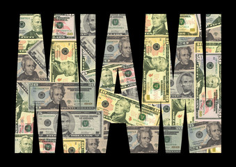 Miami text with American dollar bills illustration