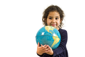 littel girl holding the globe isolated on white