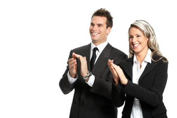 Young smiling  business woman and business man.