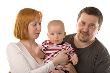 mother, father and son on a white background
