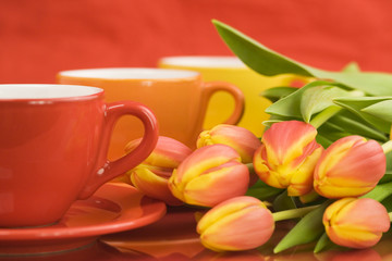 Fototapeta na wymiar Row of color cups and beautiful fresh tulips. Selective focus.