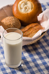 light morning meal, milk with sweet buns