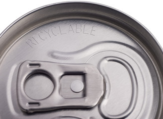 top of aluminum can with word recyclable etched in metal