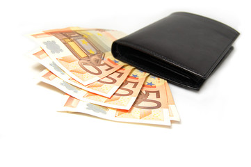 Fifty euro banknotes in leather black wallet isolated on white