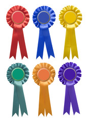 Six single-tier rosettes in various colours isolated on white