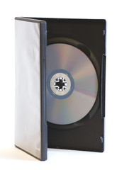 Half open DVD case with disc standing over white background