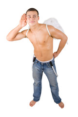 Fototapeta premium Cupid boy with angel wings on isolated background
