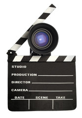 film slate and a vintage movie camera