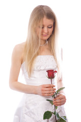 Young sad bride with red rose isolated on white