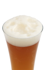 Glass of honey brewed wheat beer on white