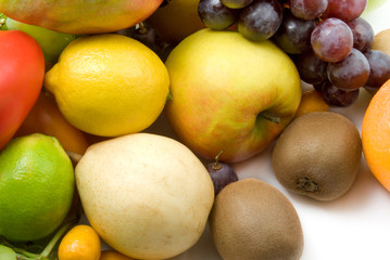 grapes and fruits on white background.