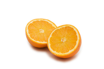 Two half-cut oranges isolated on white background