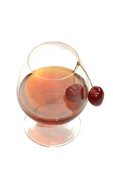 Glass of wine and cherries isolated on white