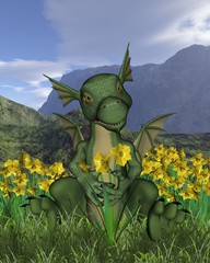 St David's Day - baby dragon and daffodils