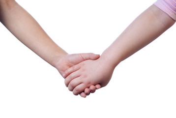 Two young sisters holding hands. Isolated on white