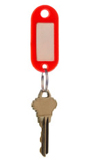Key with key tag isolated on white background..