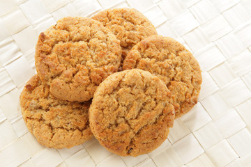 A stack of fresh organic oatmeal cookies.