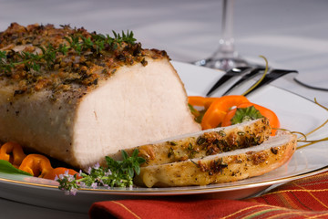 Delicious garlic thyme roast pork loin is ready for dinner.