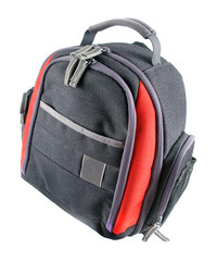 Camera bag with many pocket pouches and zippers for storage.