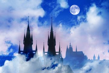 Prague, silhouette of high section of Tyn church