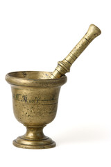 ancient bronze mortar with pestle on white background