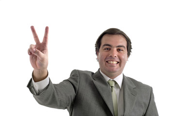 Young businessman showing two fingers isolated on white