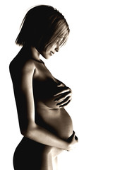Pregnant woman with one hand on stomach and one over her breast
