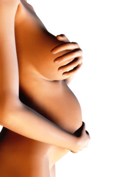 Pregnant woman with one hand on stomach and one over her breast
