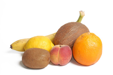 Fresh fruit of various kind on white background..