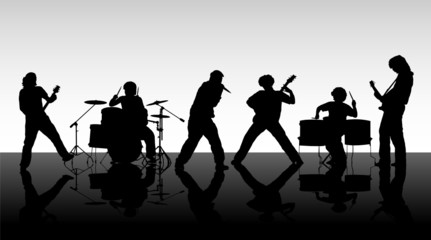 Rock band. Silhouettes of six musicians.