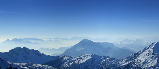 High angle panoramic view of the winter Giulian alps