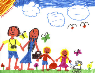 Fototapeta premium Happy Family in Happyland! Kid Art by a genuine Kid!