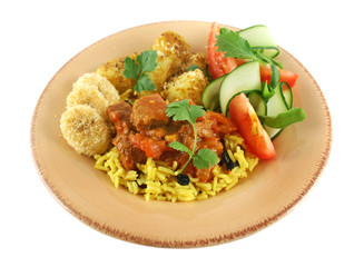 Beff vindaloo curry on tumeric rice with a side salad.