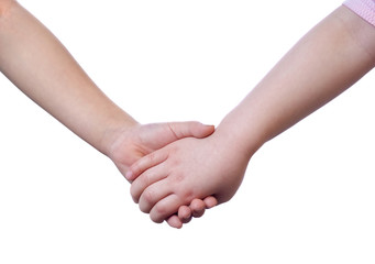 Two young sisters holding hands. Isolated on white