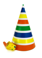 striped hat and noisemaker. isolated on white.