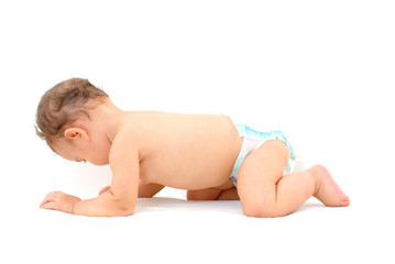 Obraz premium Adorable Baby crawling on white background .