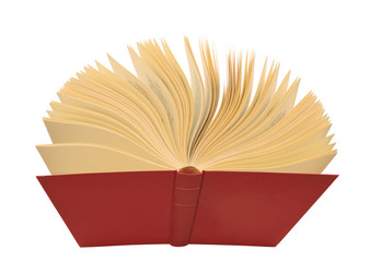 Open red book with yellow pages, isolated white background