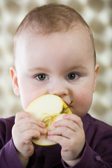 One year old caucasian baby boy holding an apple.