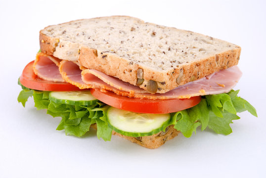 Ham sandwich with salad, corner on view