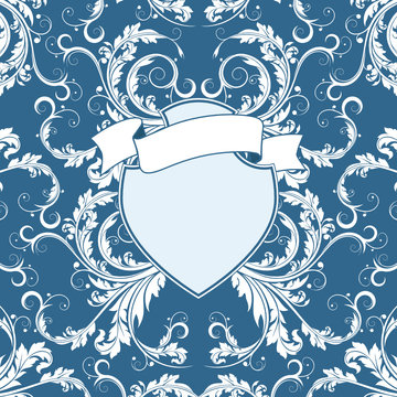 Ancient shild on floral backrgound with ribbon