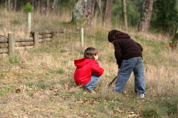 enfants entrain de jouer dans les bois avec un bâton