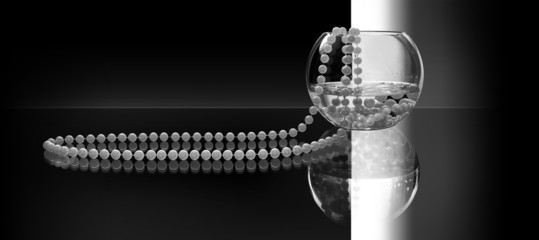 Glass transparent vase and pearl necklace