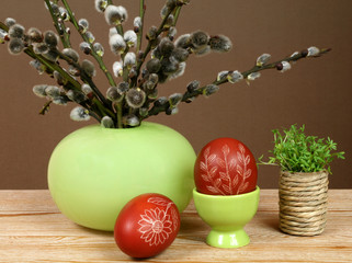 Ornate, traditional decorated Easter eggs and green cress