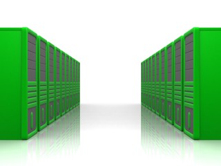 two rows of green servers