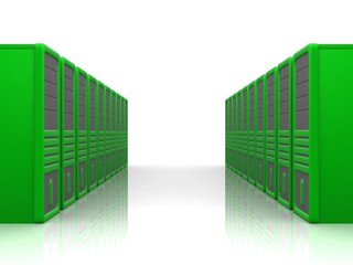 two rows of green servers