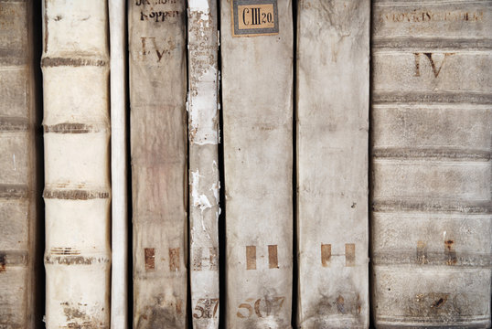 Detail of ancient book backbones - tomes about medicine in latin