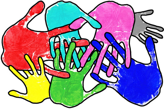Hand prints in many colours with interlocking fingers 