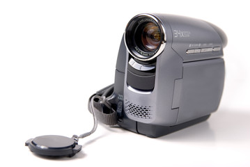 hand held mini DV video camera on white background