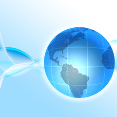 A 3D globe on an abstract wavy blue background